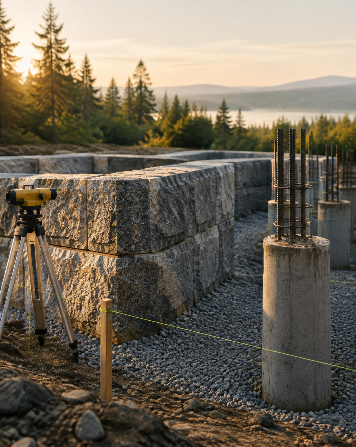Granite cornerstone blocks and deep foundation piles set on a prepared bed, ready to carry a lasting structure