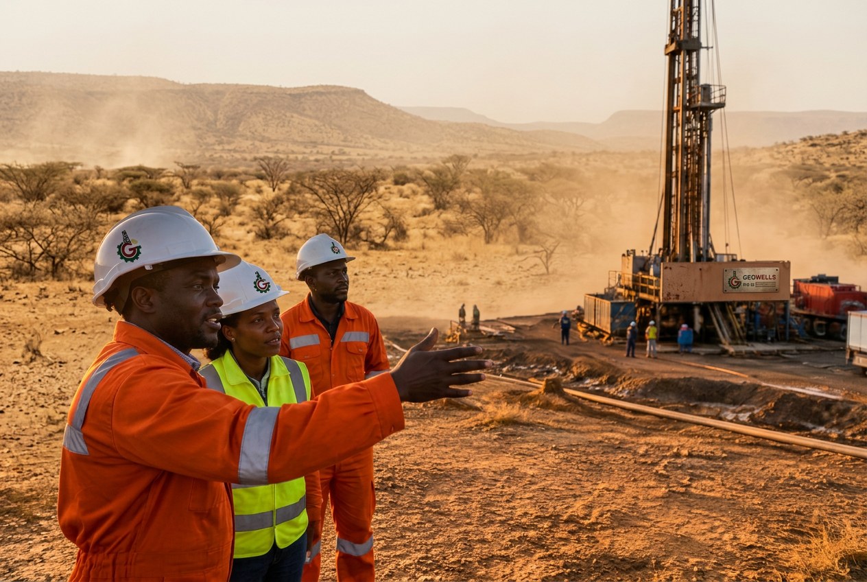 Engineers at a geothermal drilling site in the Rift Valley
