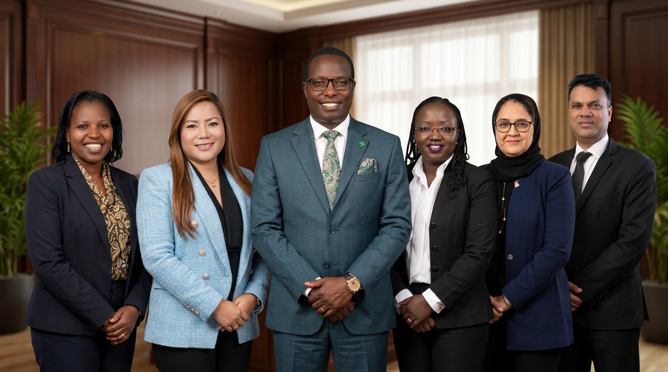 Standing leadership portrait composed from supplied individual photographs