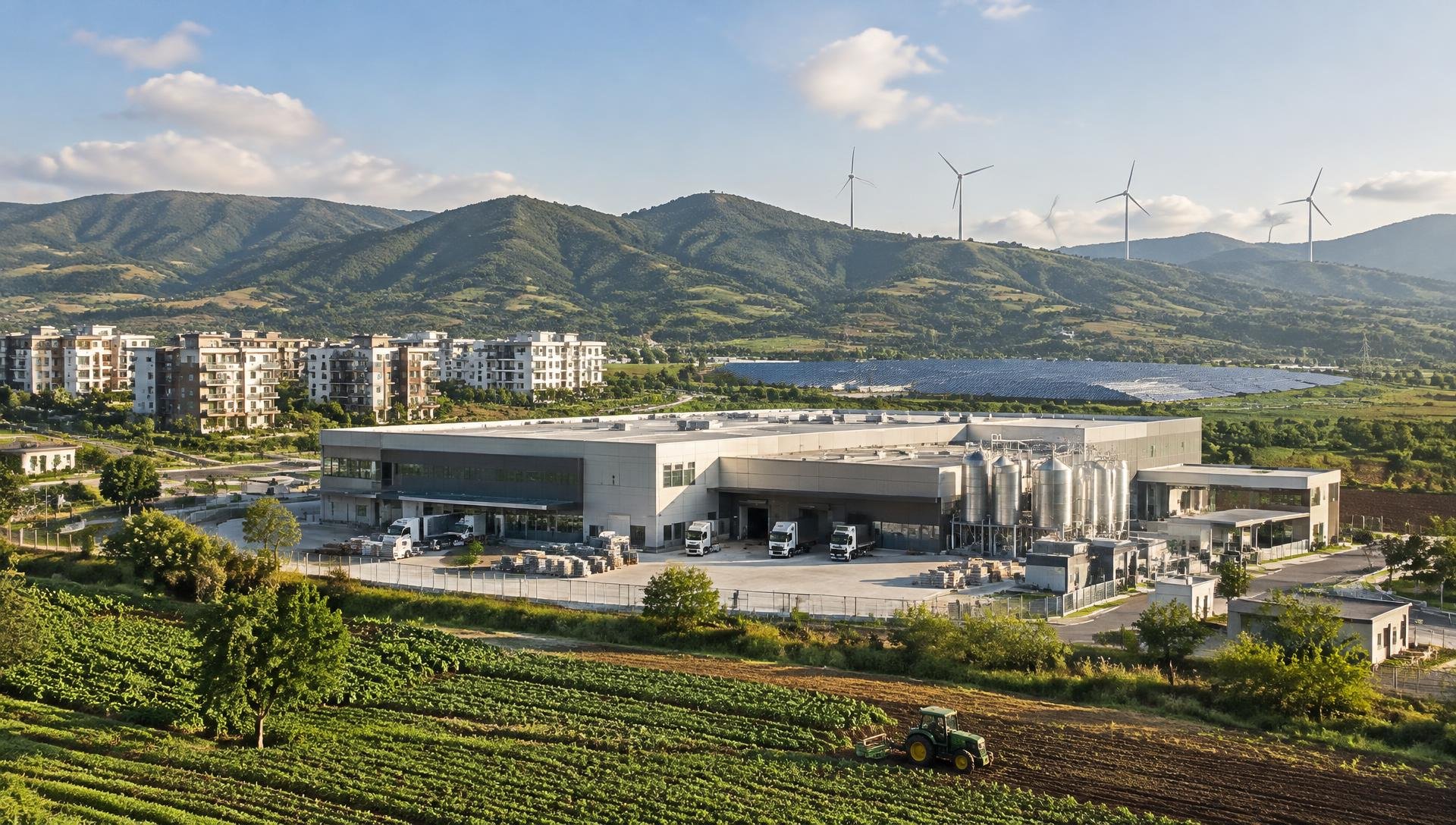 Illustrative view of food production, logistics, housing and renewable energy businesses