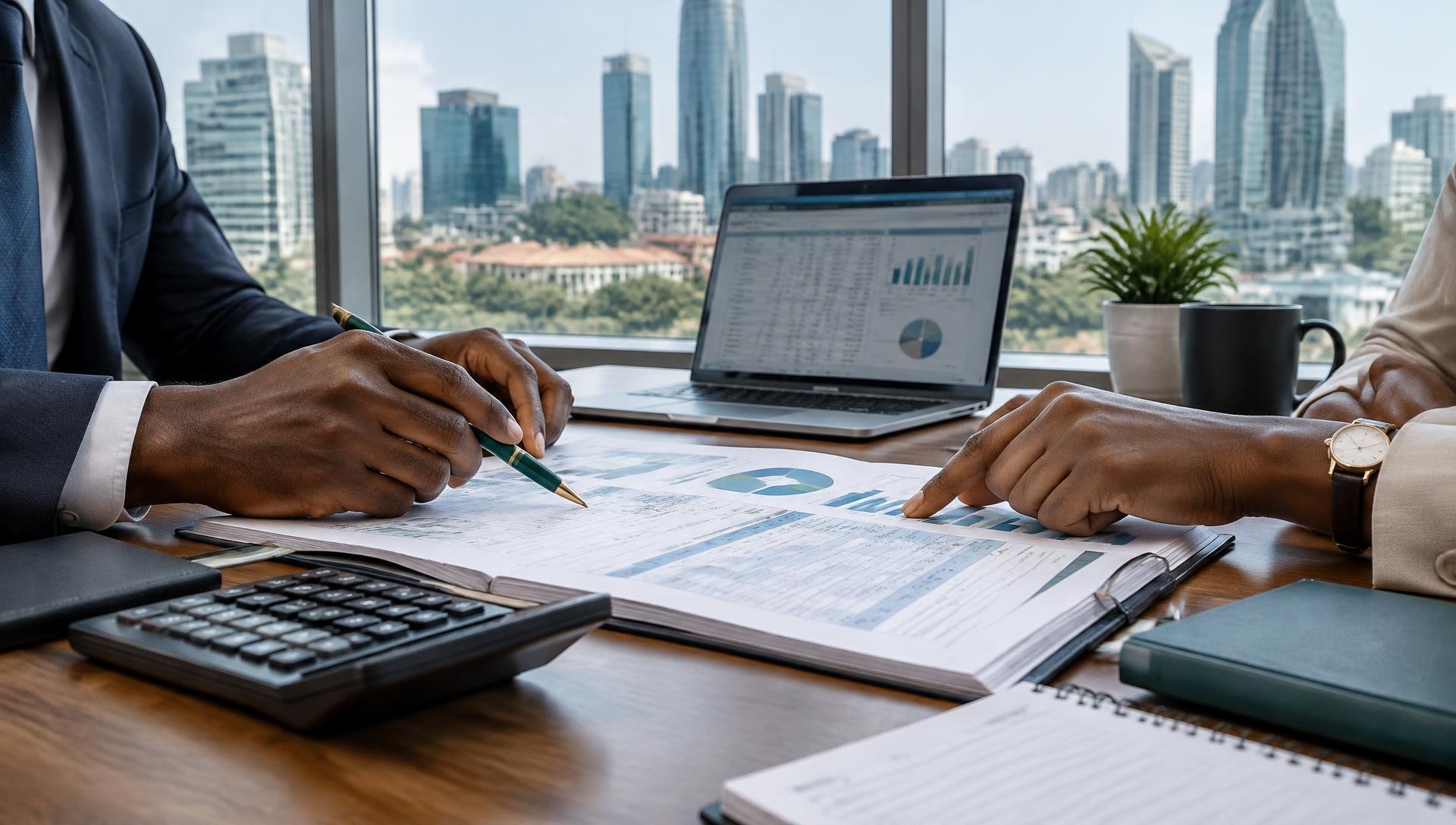 Illustrative financial review with reports, a calculator and capital assessment
