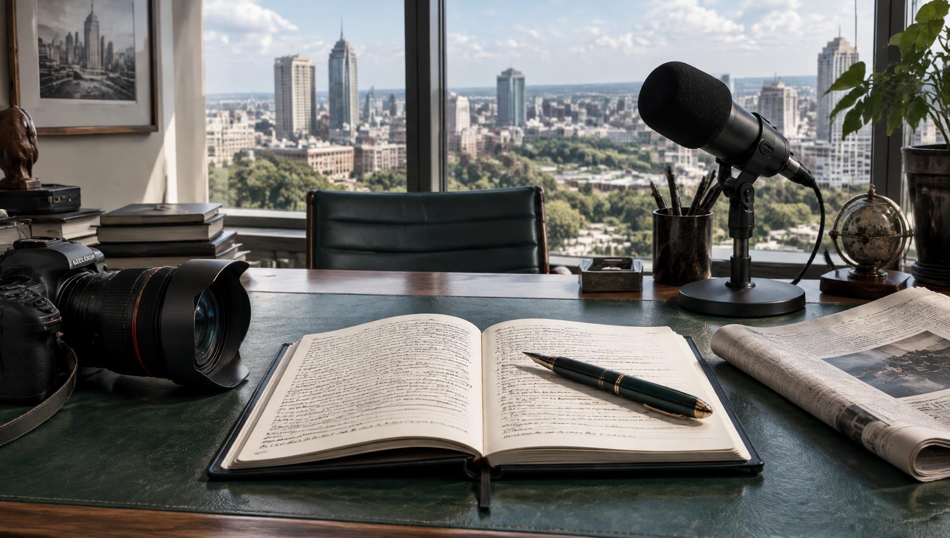 Illustrative editorial desk with a notebook, pen, camera and broadcast microphone